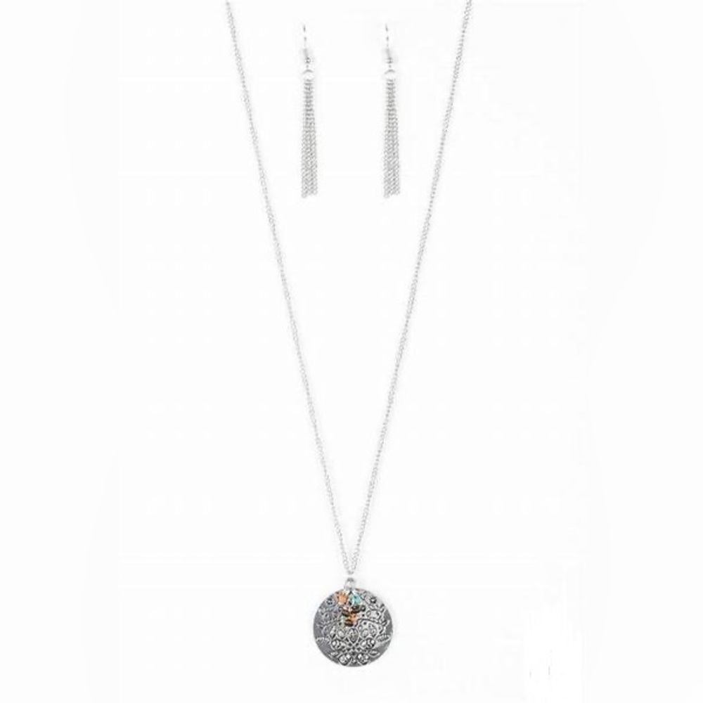 *Long silver and multi colored beads floral print pendant necklace.